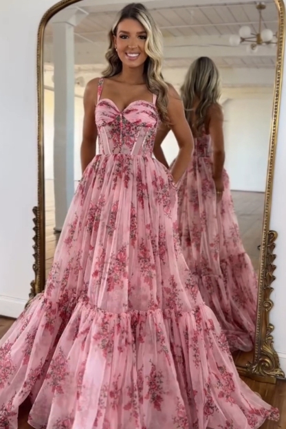 Long A-Line Corset Prom Dress with Blush Floral Print and Spaghetti Straps