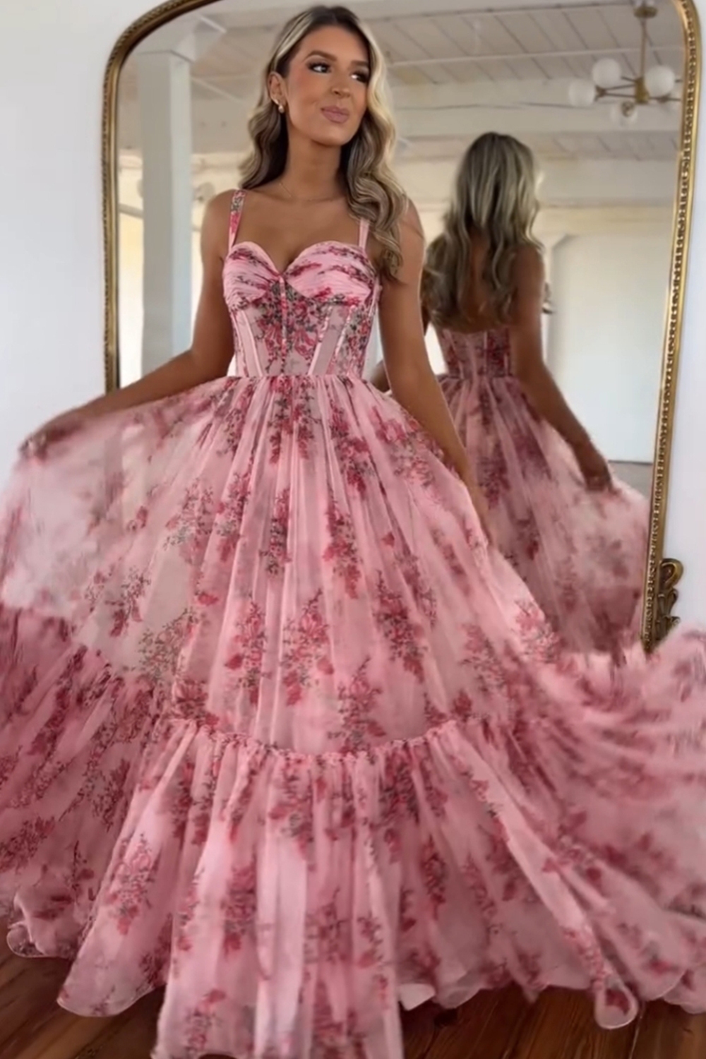 Long A-Line Corset Prom Dress with Blush Floral Print and Spaghetti Straps