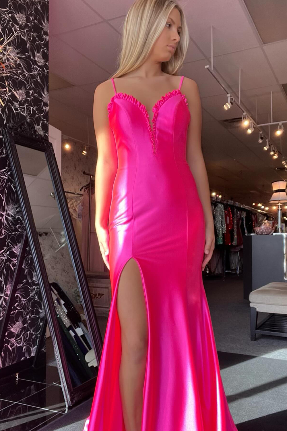 Long Fuchsia Satin Mermaid Prom Dress with Spaghetti Straps and Slit