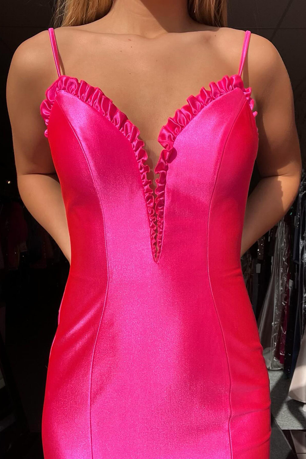 Long Fuchsia Satin Mermaid Prom Dress with Spaghetti Straps and Slit