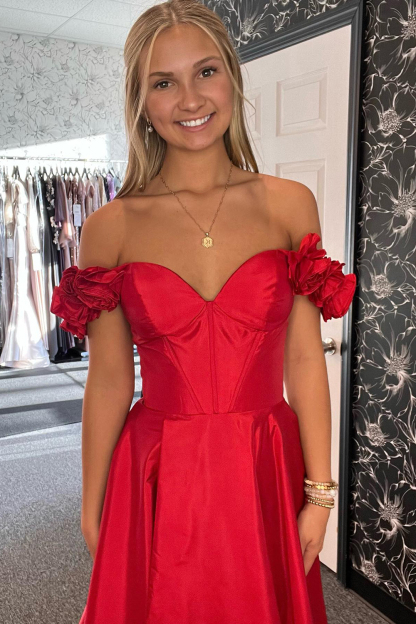 Long Satin Corset Prom Dress in Red with Off-the-Shoulder A-Line Cut and Slit