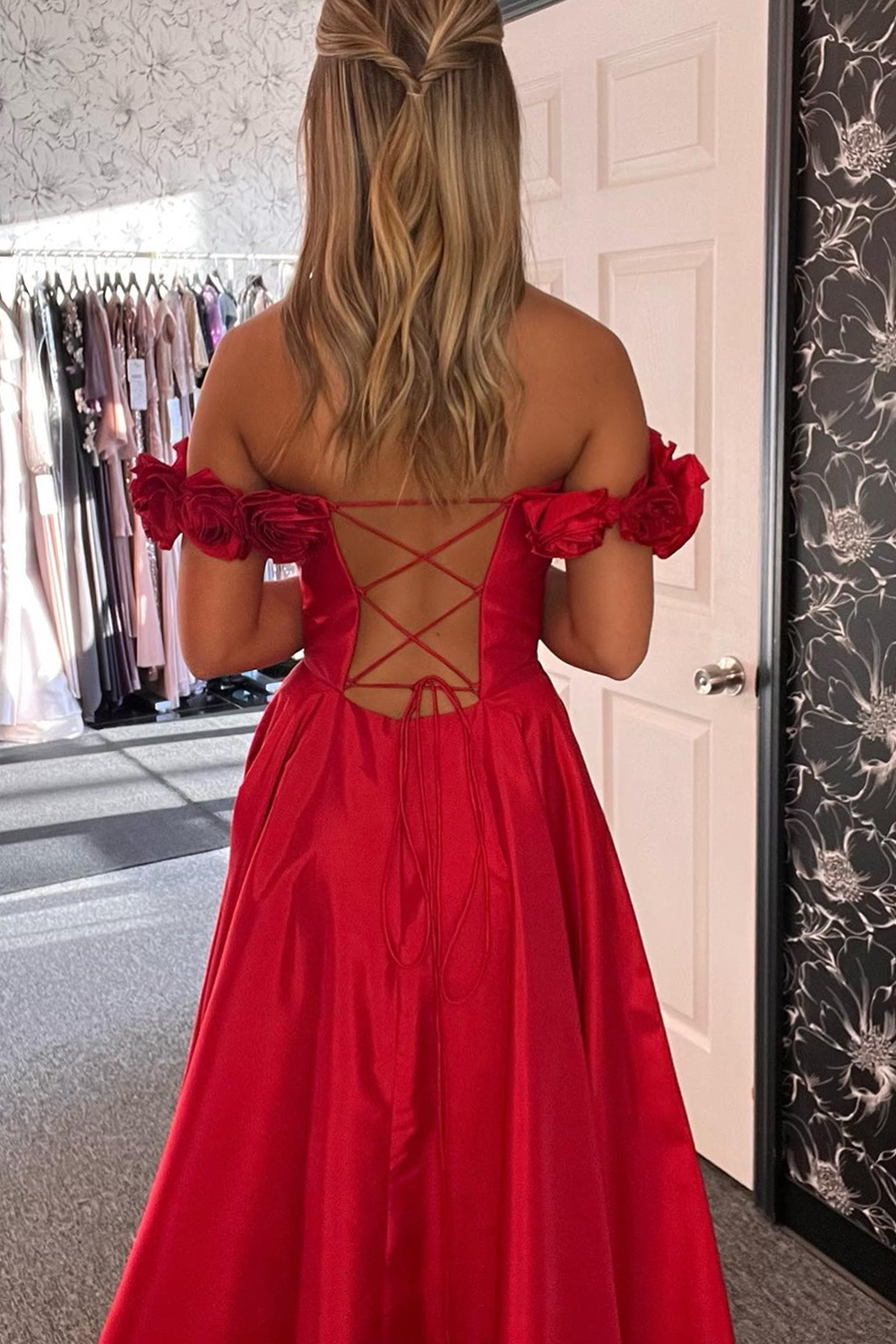 Long Satin Corset Prom Dress in Red with Off-the-Shoulder A-Line Cut and Slit