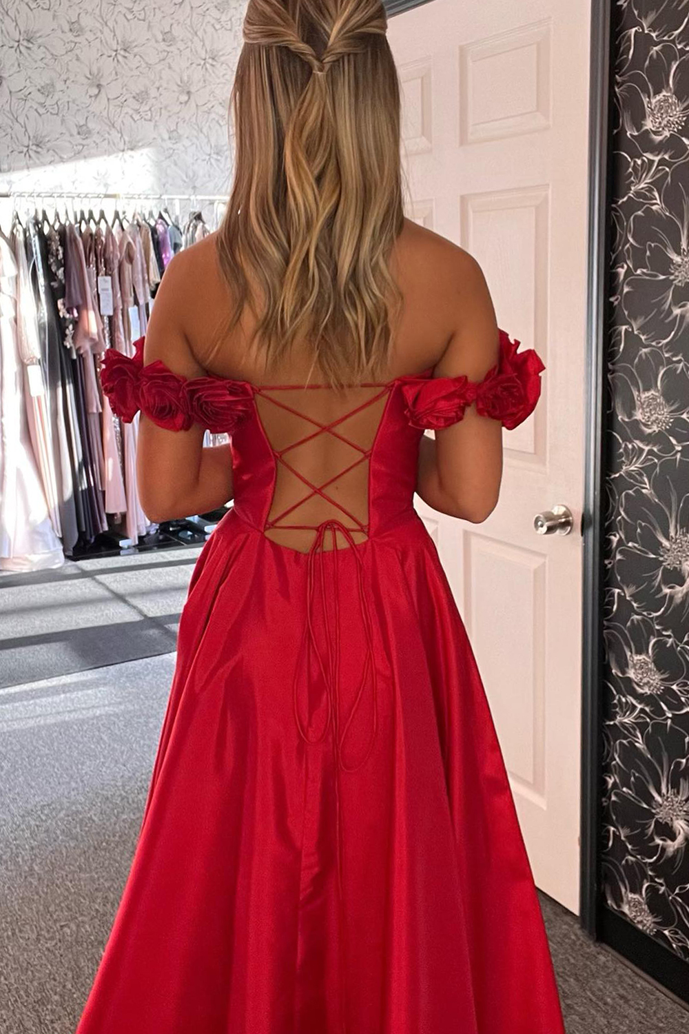 Long Satin Corset Prom Dress in Red with Off-the-Shoulder A-Line Cut and Slit