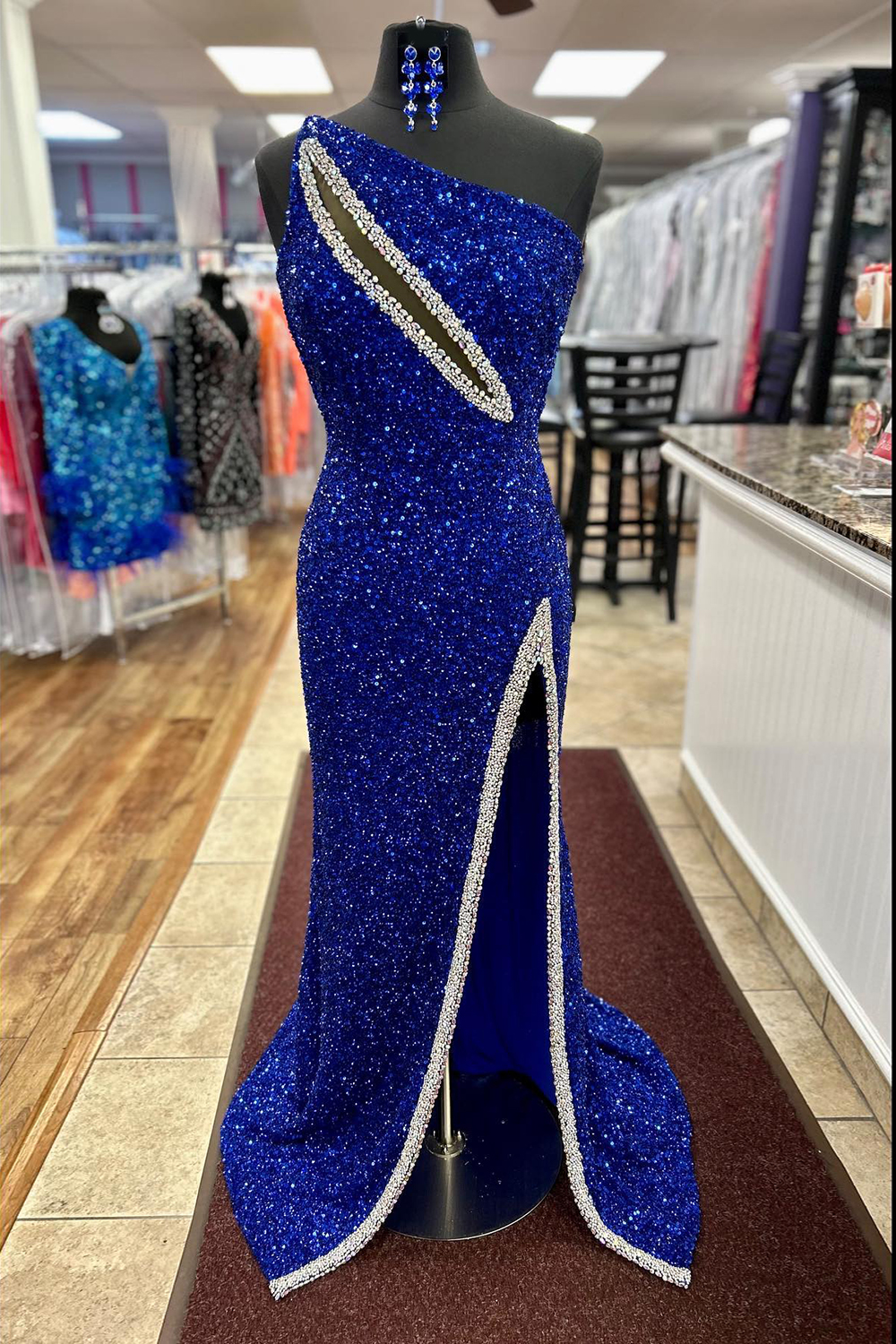 One Shoulder Royal Blue Sequined Mermaid Prom Dress with Cut-Out Detail and High Slit