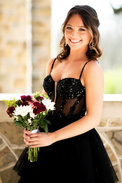 Long Corset Prom Dress in Black with Spaghetti Straps A-Line Tulle Tiered Design and Appliques