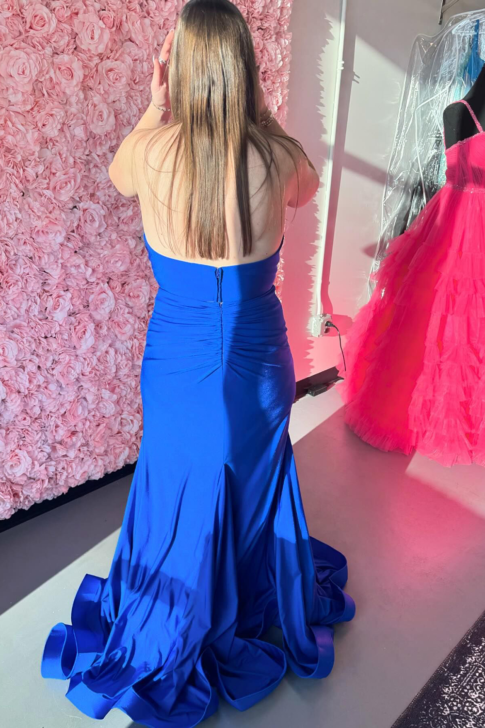 Elegant Royal Blue Satin Mermaid Prom Dress with Halter Neck and Slit