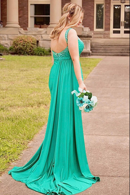 Long Satin Mermaid Prom Dress with Green Spaghetti Straps and Beading