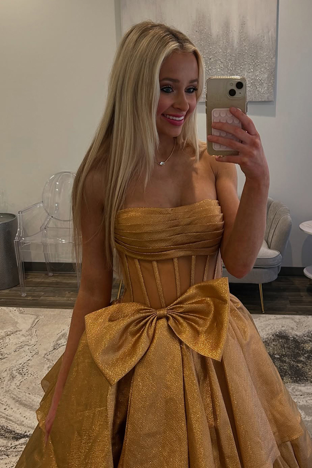 Long A Line Prom Dress in Light Blue with Tiered Corset and Bowknot Slit