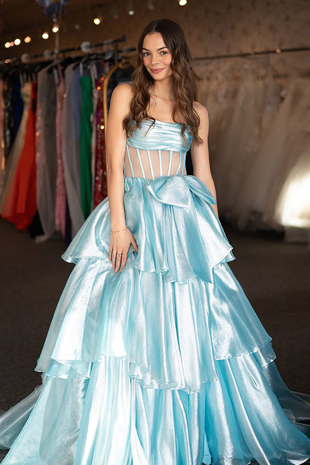 Long A Line Prom Dress in Light Blue with Tiered Corset and Bowknot Slit
