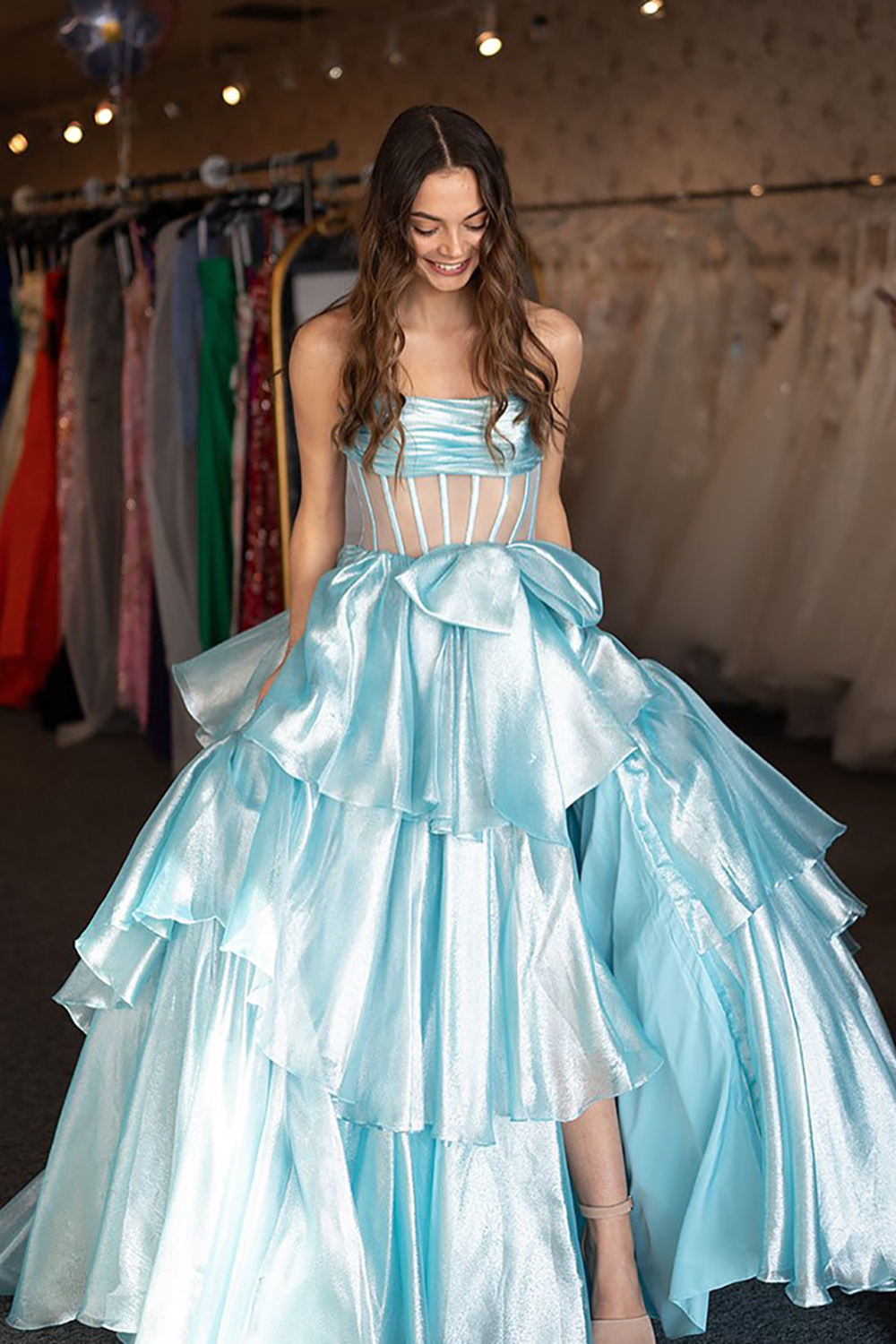 Long A Line Prom Dress in Light Blue with Tiered Corset and Bowknot Slit