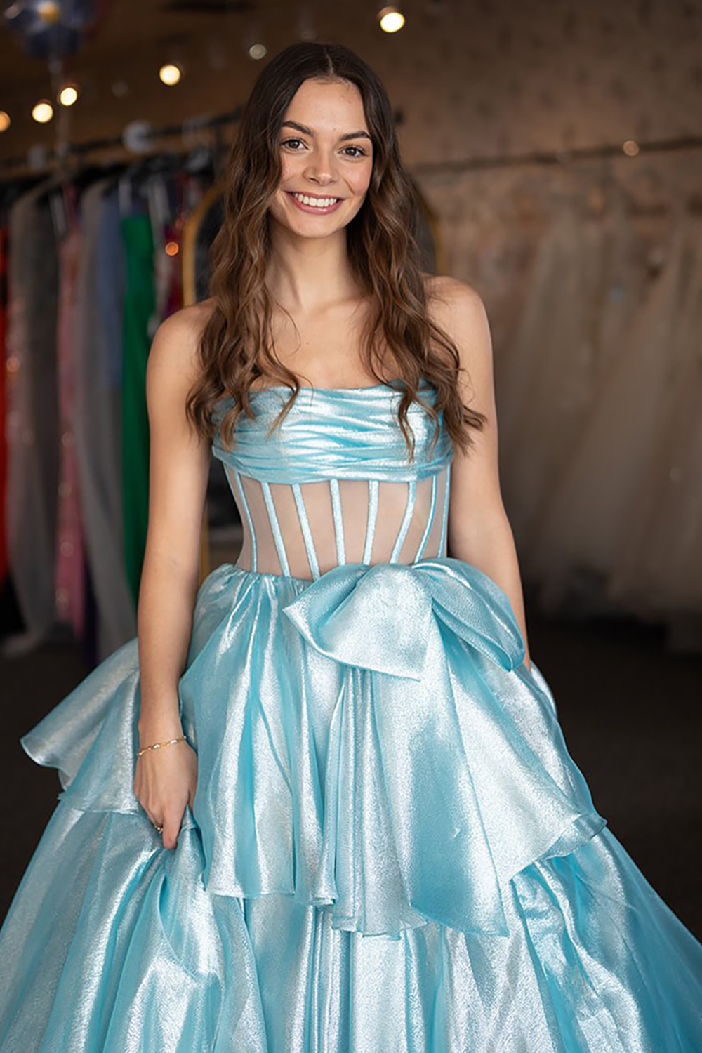 Long A Line Prom Dress in Light Blue with Tiered Corset and Bowknot Slit