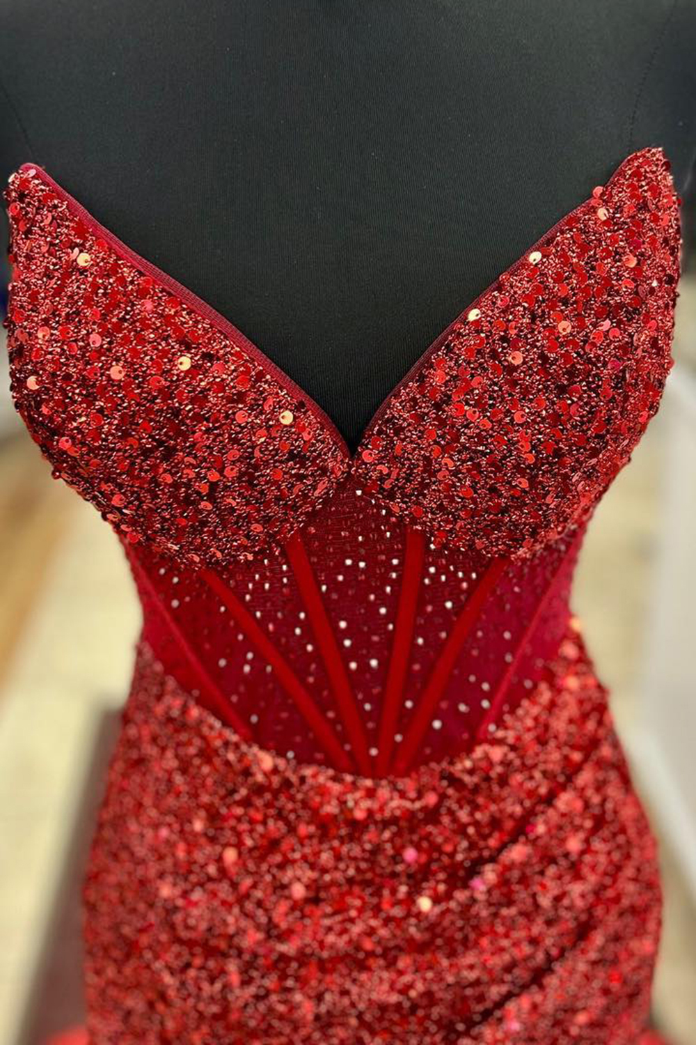 Long Mermaid Corset Prom Dress with Sparkly Red Sweetheart Sequins and Slit