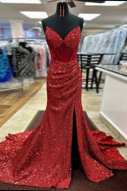 Long Mermaid Corset Prom Dress with Sparkly Red Sweetheart Sequins and Slit