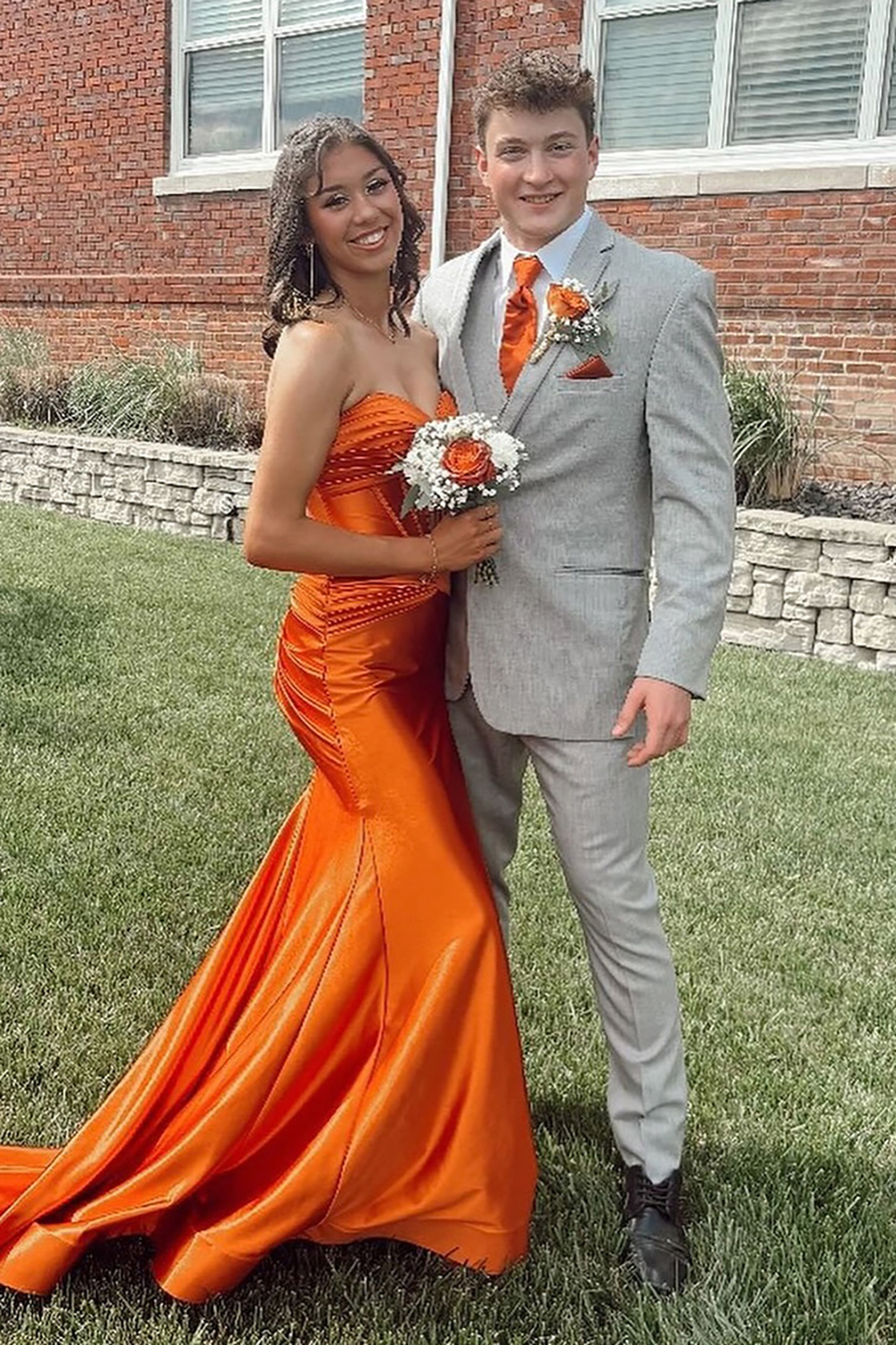 Long Orange Prom Dress with Sweetheart Neckline Satin Ruched Mermaid Style and Beading