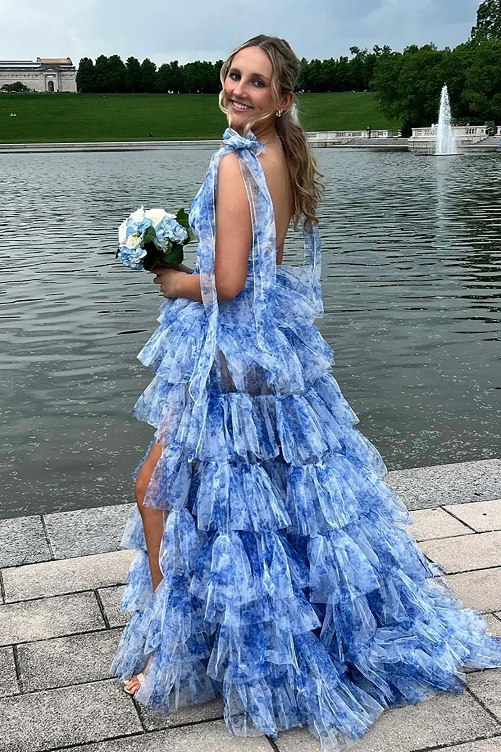 V-neck A-Line Long Prom Dress in Blue Floral Print with Ruffles and Slit