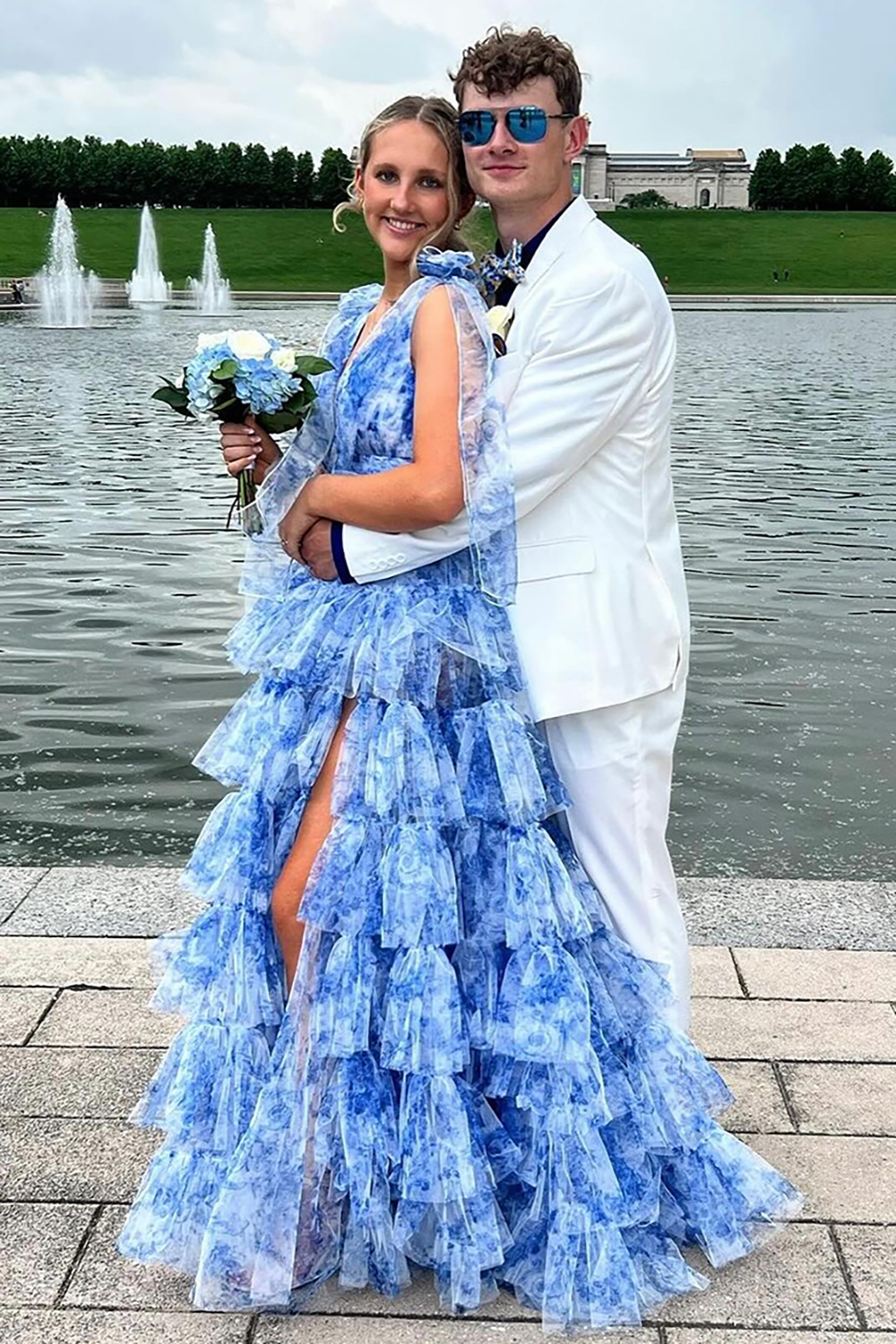 V-neck A-Line Long Prom Dress in Blue Floral Print with Ruffles and Slit