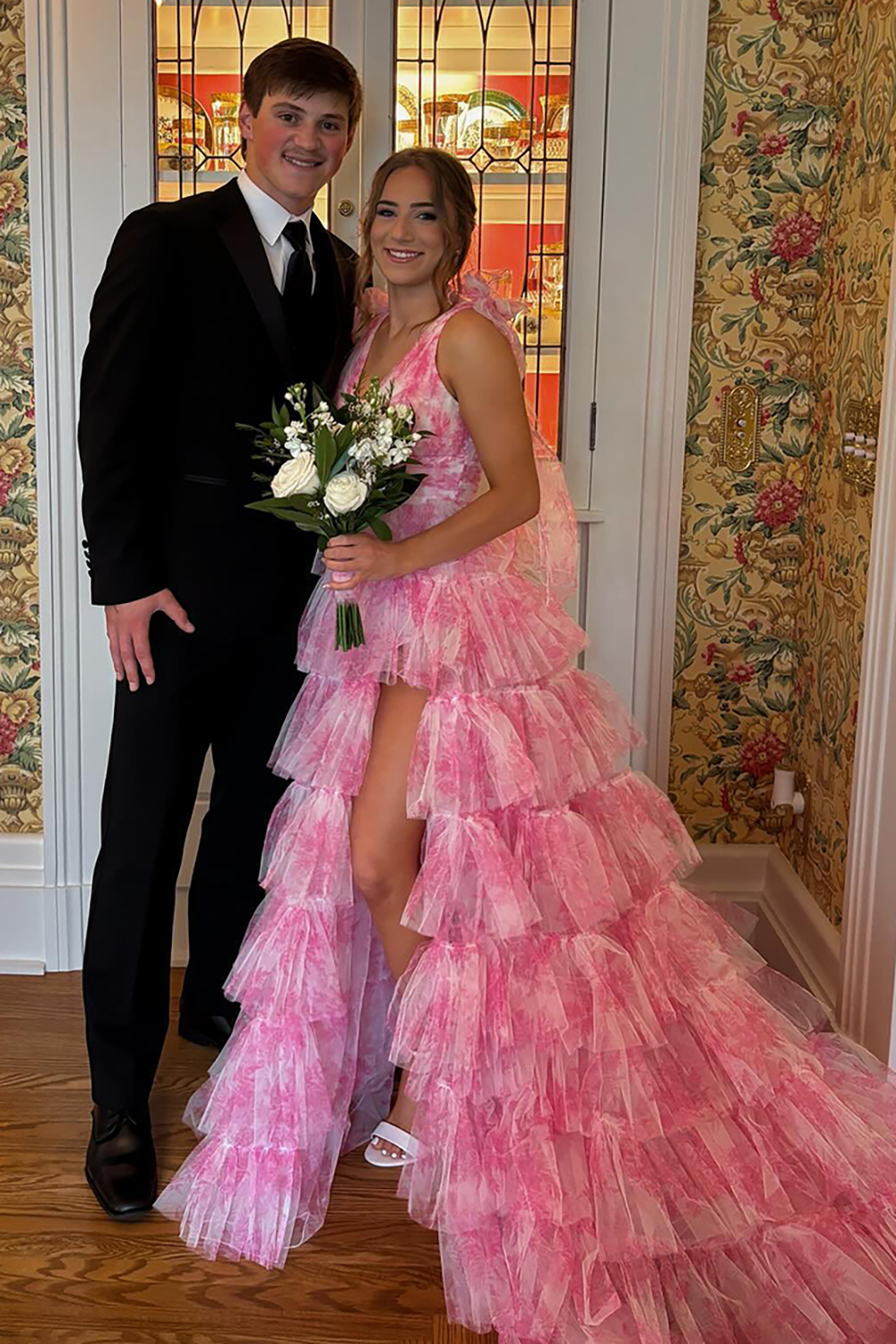 A-Line Prom Dress in Blue with Floral Print Tiered Layers and Bow-Tie Straps