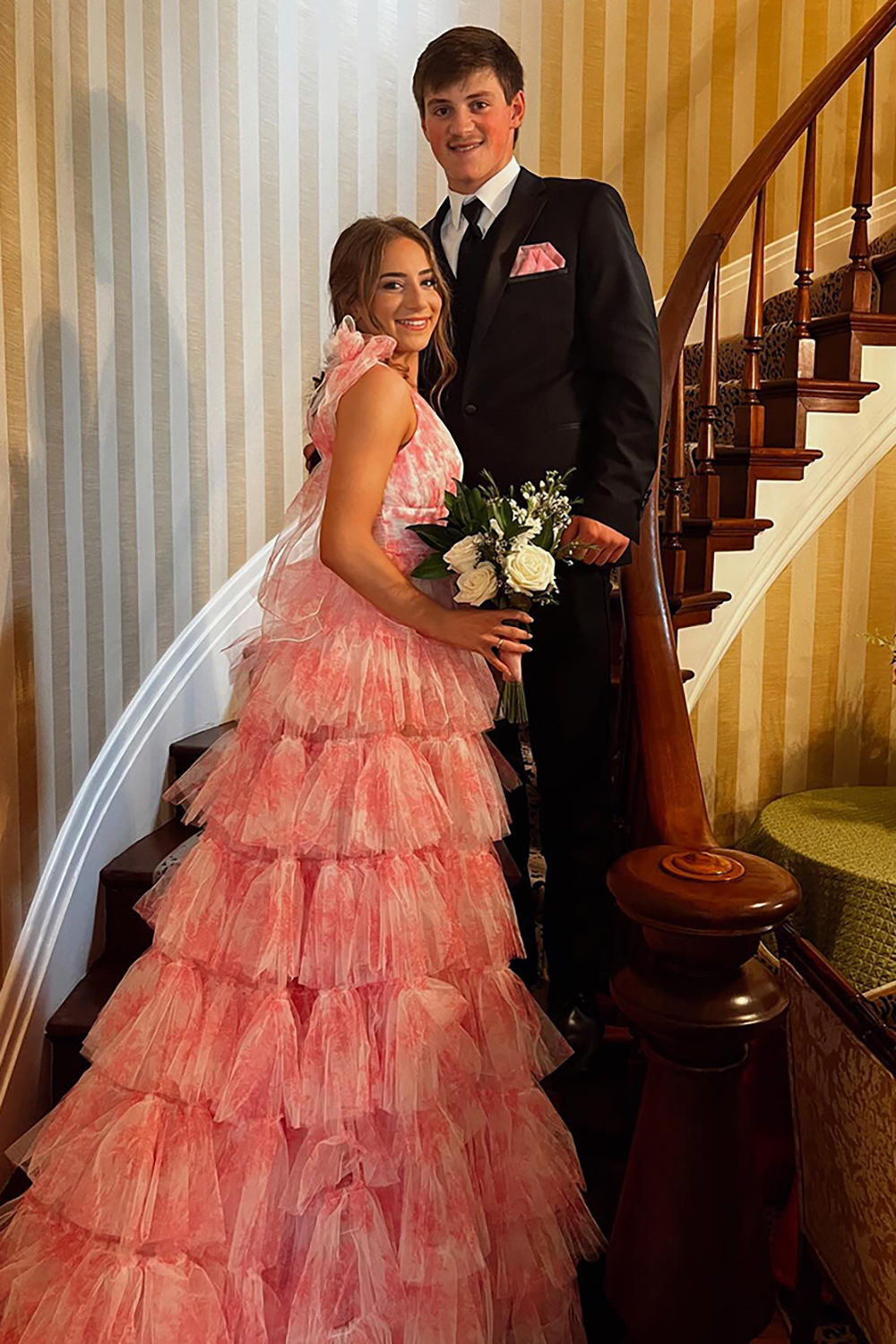A-Line Prom Dress in Blue with Floral Print Tiered Layers and Bow-Tie Straps