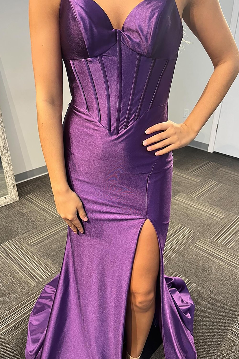 Long Satin Mermaid Prom Dress with Lilac Spaghetti Straps and Slit