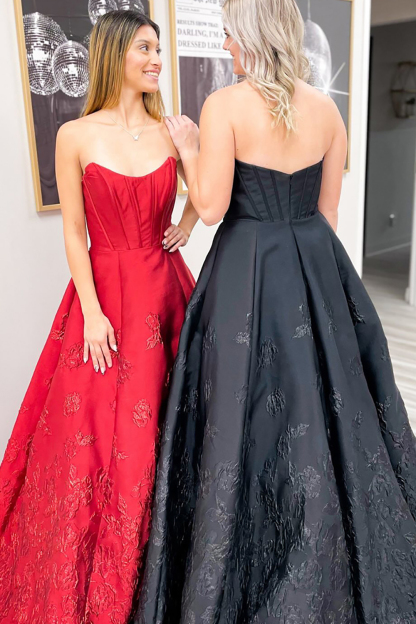Long A-Line Corset Prom Dress in Red Satin Jacquard Strapless