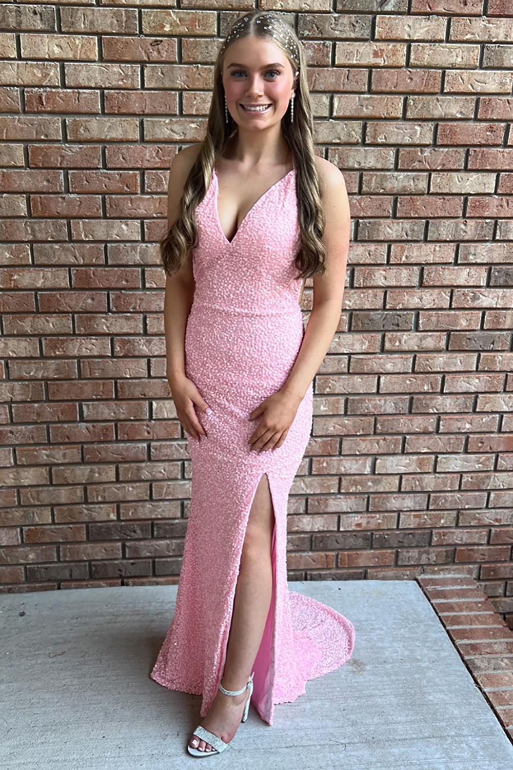 Long Pink Mermaid Prom Dress with Sequins Spaghetti Straps Open Back and Slit