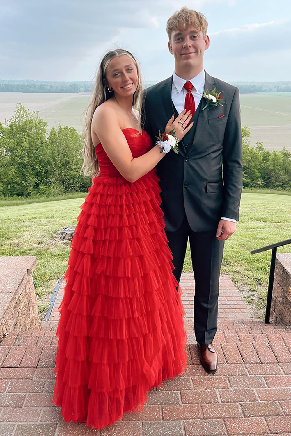 Stylish Red Sweetheart A-Line Long Prom Dress with Tiered Tulle