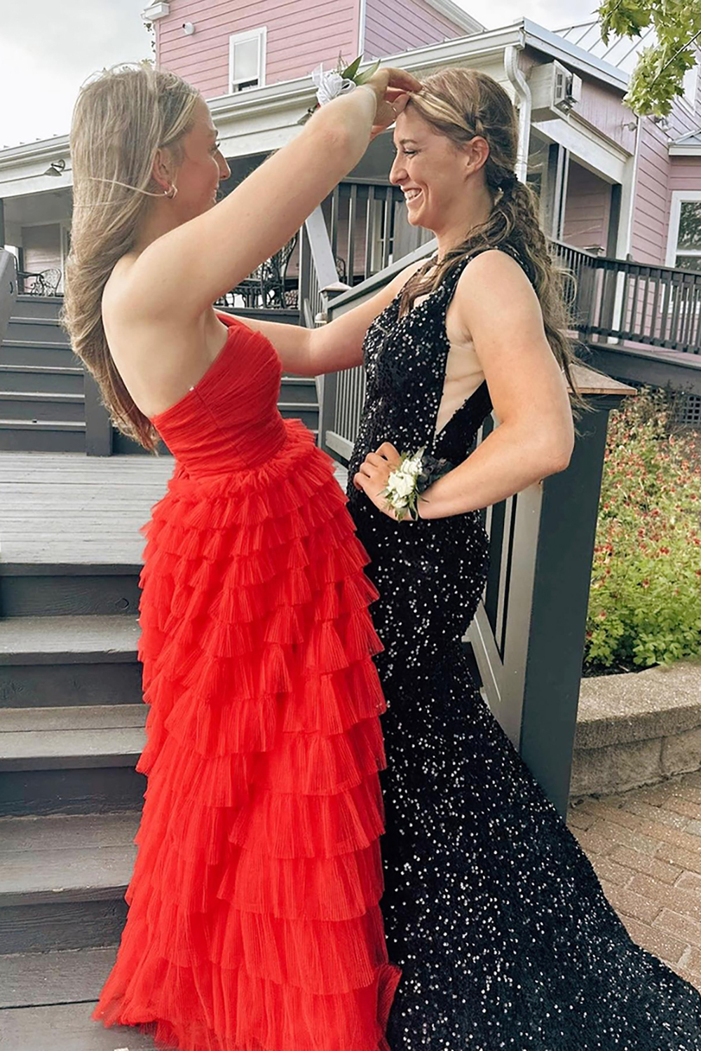 Stylish Red Sweetheart A-Line Long Prom Dress with Tiered Tulle