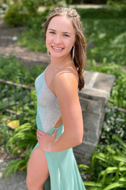 Long Beaded Sage Prom Dress with One Shoulder and High Slit in Mermaid Style