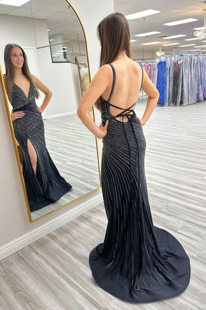 Black Glitter Mermaid Long Prom Dress with Beaded Spaghetti Straps and Slit