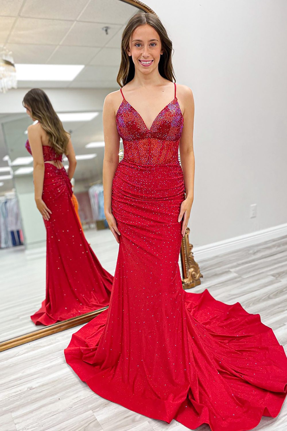 Long Mermaid Prom Dress with Red Glitter and Beaded Spaghetti Straps
