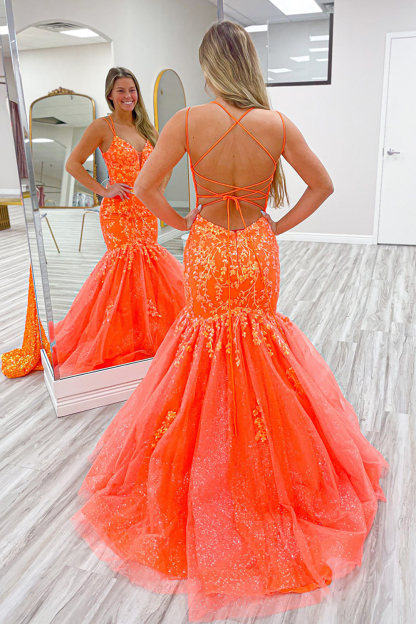 Long Prom Dress with Sparkly Lilac Spaghetti Straps and Mermaid Sequins Tulle Appliques
