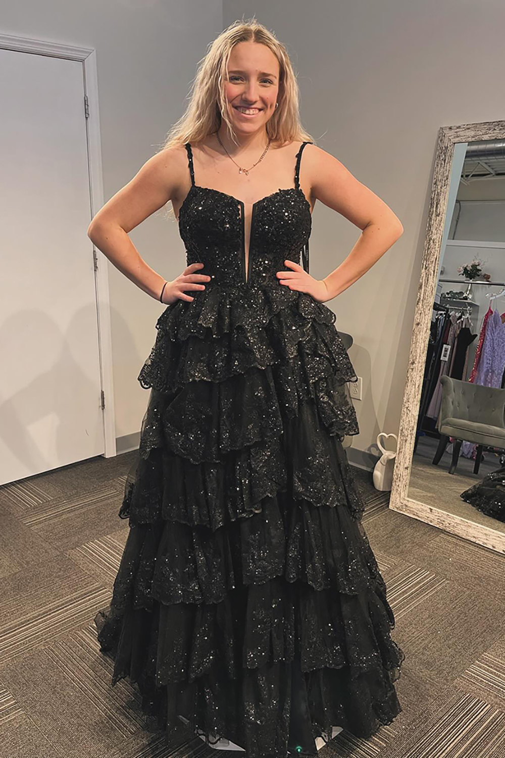 Fuchsia Sequins Sparkle on Long A-line Corset Prom Dress with Spaghetti Straps and Tiered Layers
