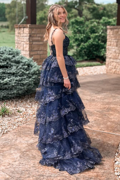 Fuchsia Sequins Sparkle on Long A-line Corset Prom Dress with Spaghetti Straps and Tiered Layers