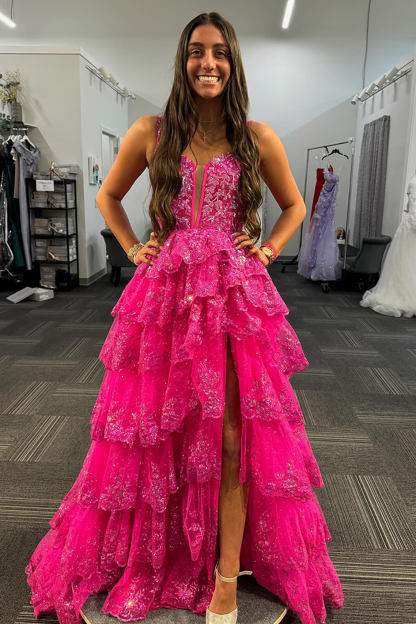 Fuchsia Sequins Sparkle on Long A-line Corset Prom Dress with Spaghetti Straps and Tiered Layers