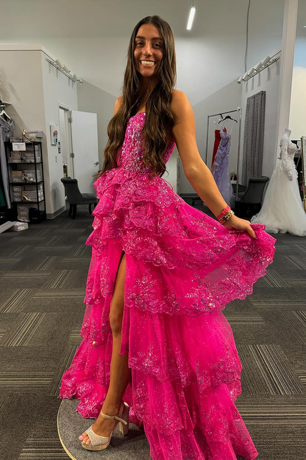 Fuchsia Sequins Sparkle on Long A-line Corset Prom Dress with Spaghetti Straps and Tiered Layers