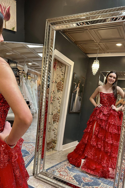 Long A-line Strapless Prom Dress with Sparkly Red Sequins and Lace Ruffles