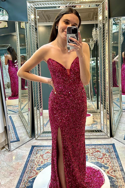 Long Fuchsia Prom Dress with Sparkly Sequins and Sweetheart Mermaid Slit