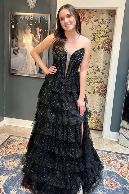 Long Black Corset Prom Dress with Sparkly Beading and Tiered Tulle Strapless Design
