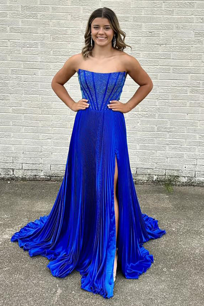 Elegant Black Strapless A-Line Pleated Long Corset Prom Dress Featuring Beading