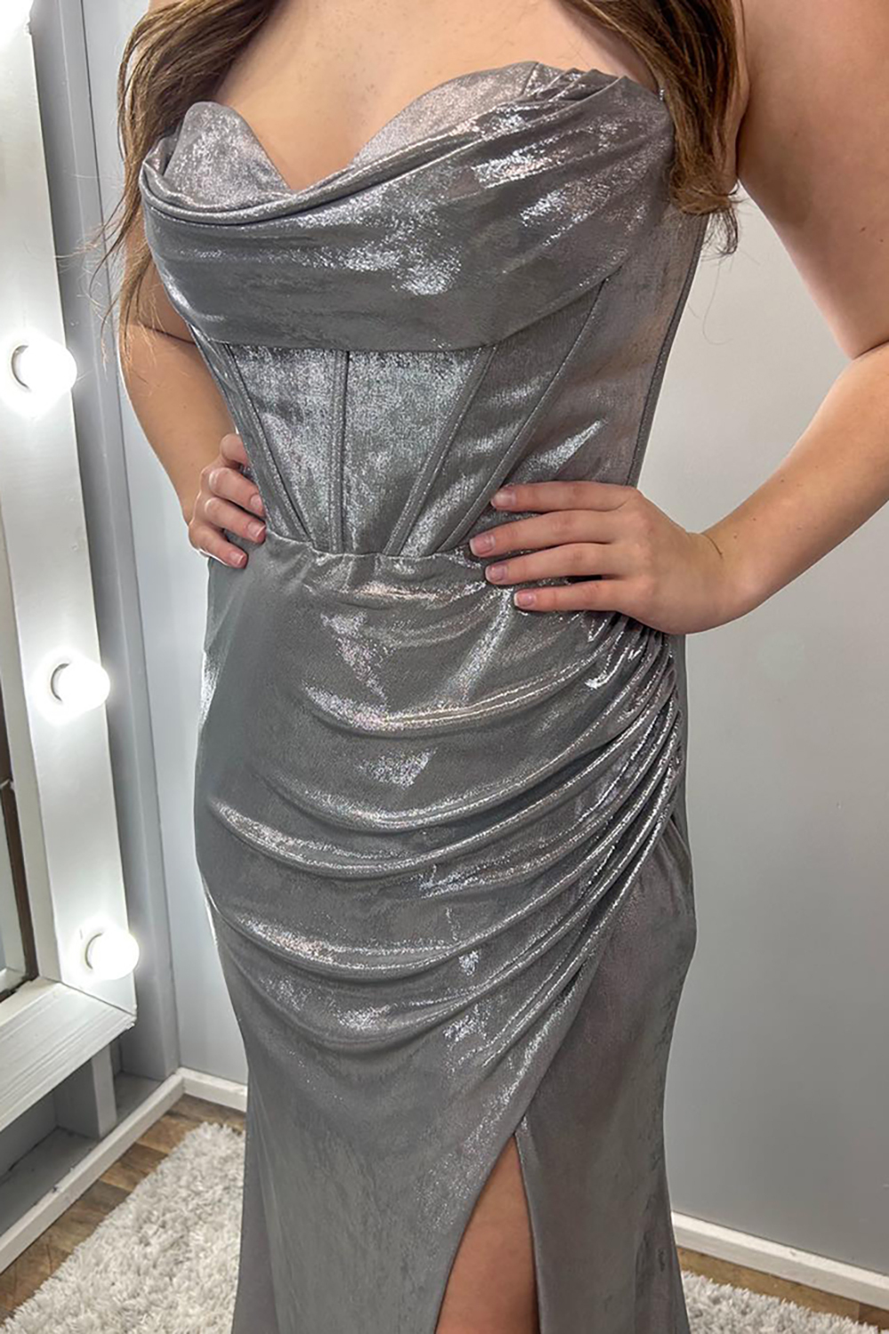 Long Grey Corset Prom Dress with Mermaid Sweetheart Neckline and Ruched Slit