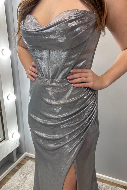 Long Grey Corset Prom Dress with Mermaid Sweetheart Neckline and Ruched Slit