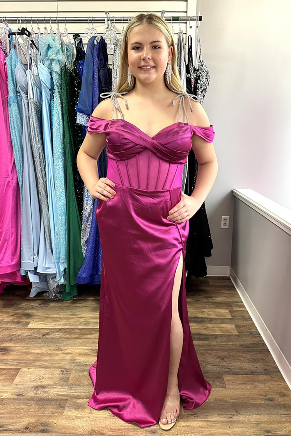 Long Fuchsia Satin Off-The-Shoulder Corset Prom Dress Featuring a Slit