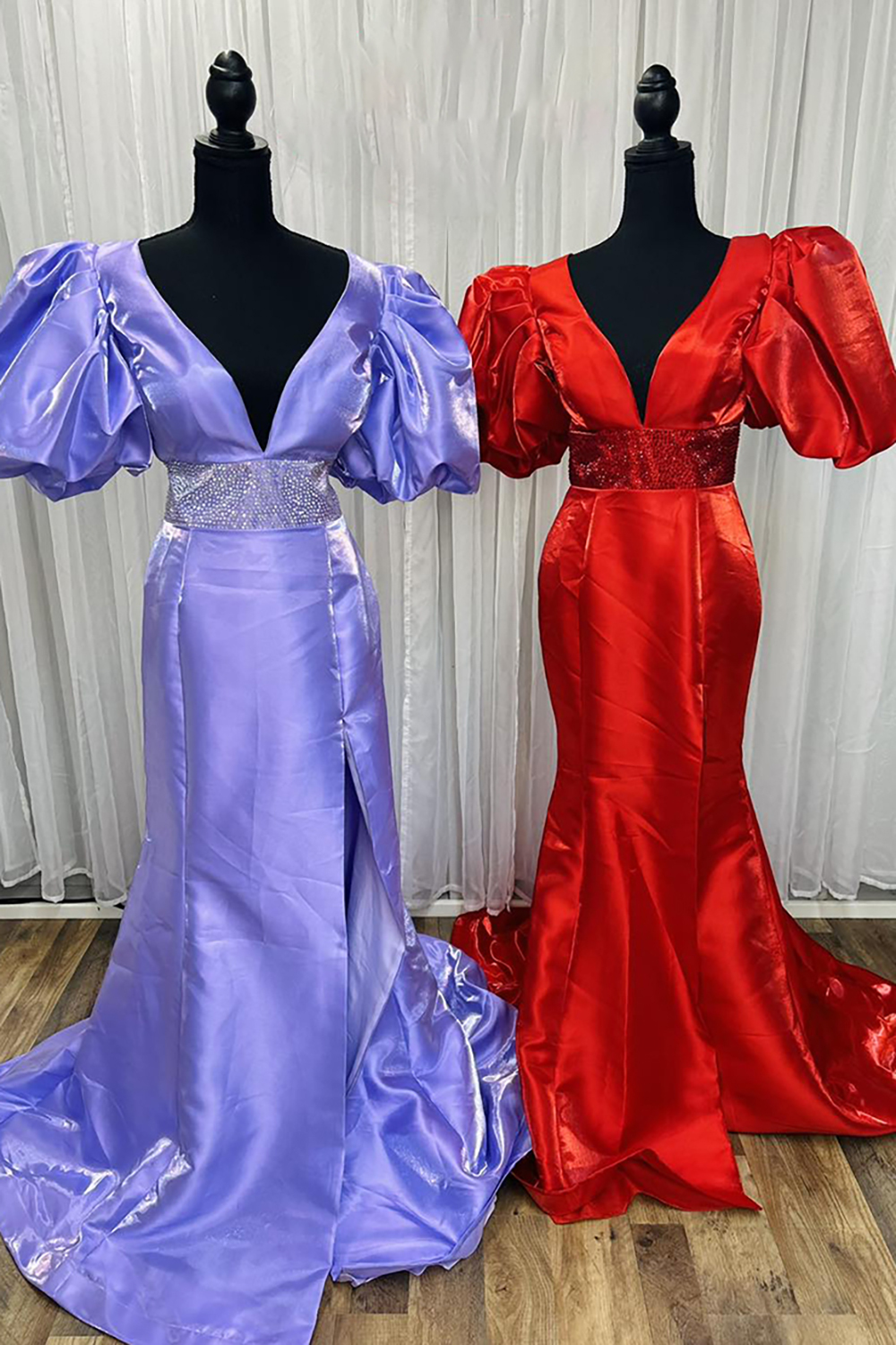 Long Red Prom Dress with V Neck Mermaid Cut Puff Sleeves and Slit