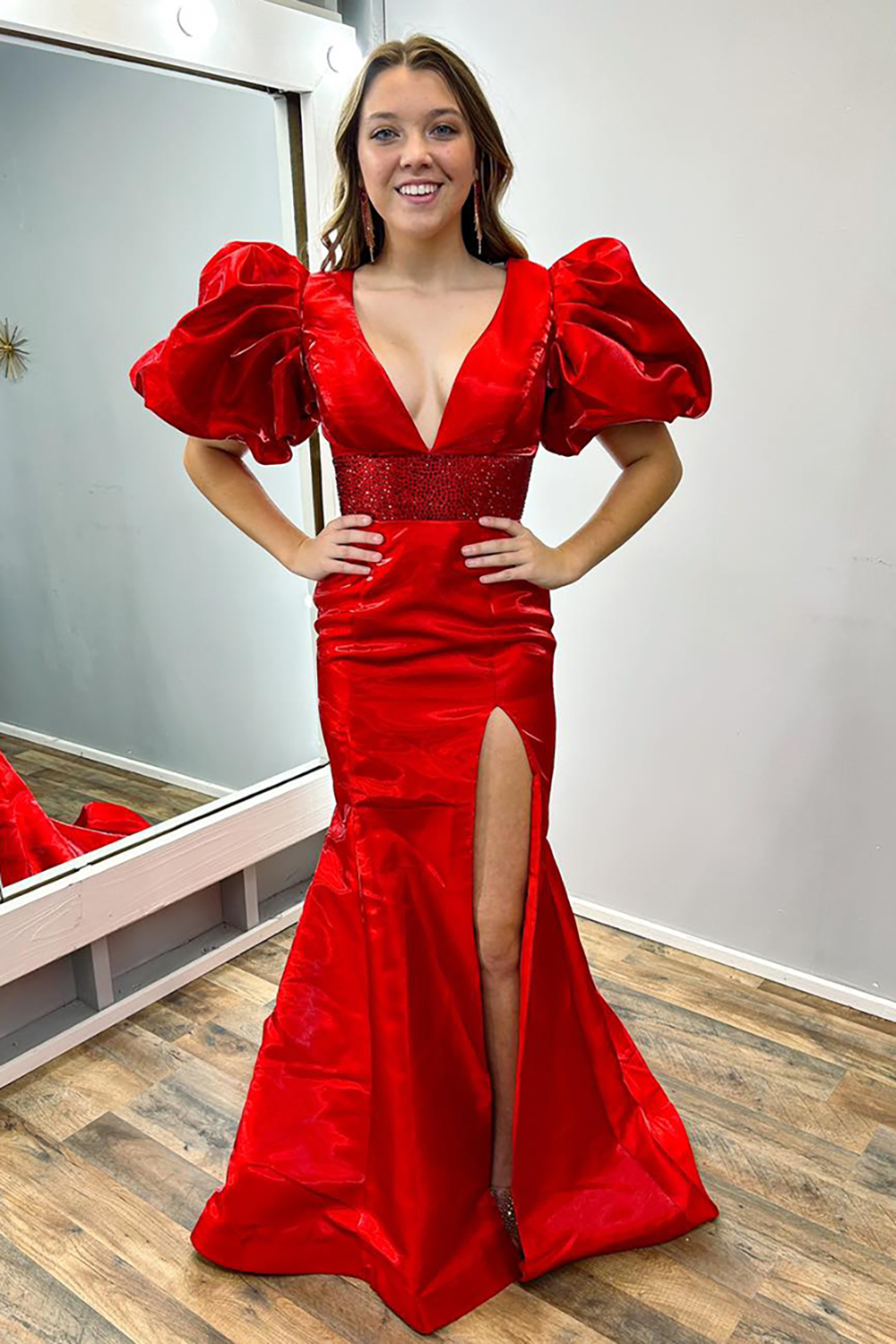 Long Red Prom Dress with V Neck Mermaid Cut Puff Sleeves and Slit