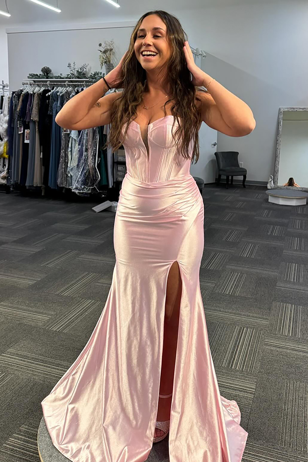 Sweetheart Long Corset Prom Dress in Light Pink Satin with Mermaid Cut and Slit