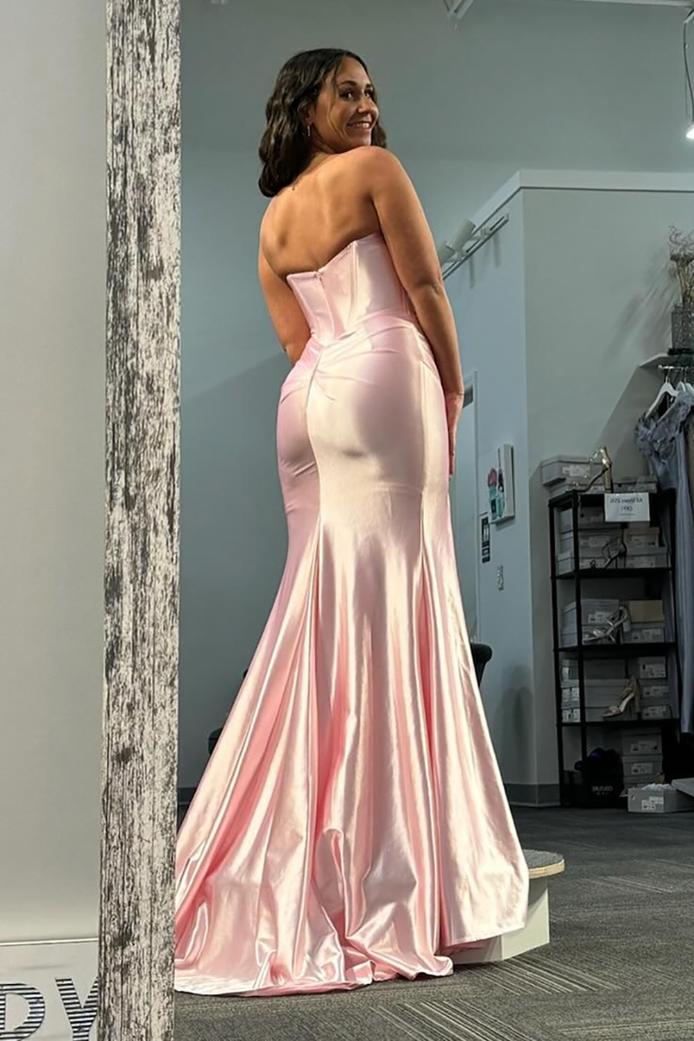 Sweetheart Long Corset Prom Dress in Light Pink Satin with Mermaid Cut and Slit