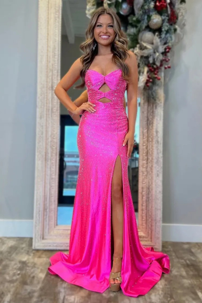 Fuchsia Beaded Strapless Long Prom Dress with Sparkly Cut-out and Slit