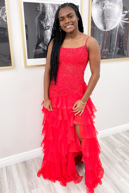 Long Chiffon Prom Dress with Sparkly Red Spaghetti Straps Tiered Layers and Appliques