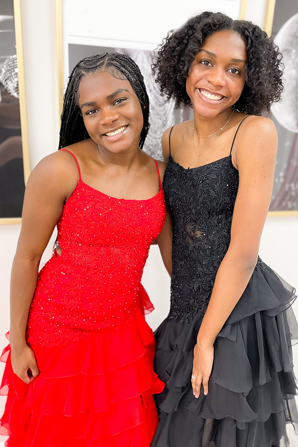 Long Chiffon Prom Dress with Sparkly Red Spaghetti Straps Tiered Layers and Appliques