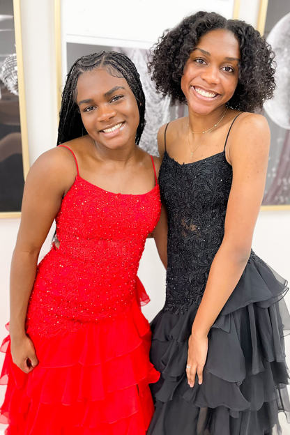 Long Chiffon Prom Dress with Sparkly Red Spaghetti Straps Tiered Layers and Appliques